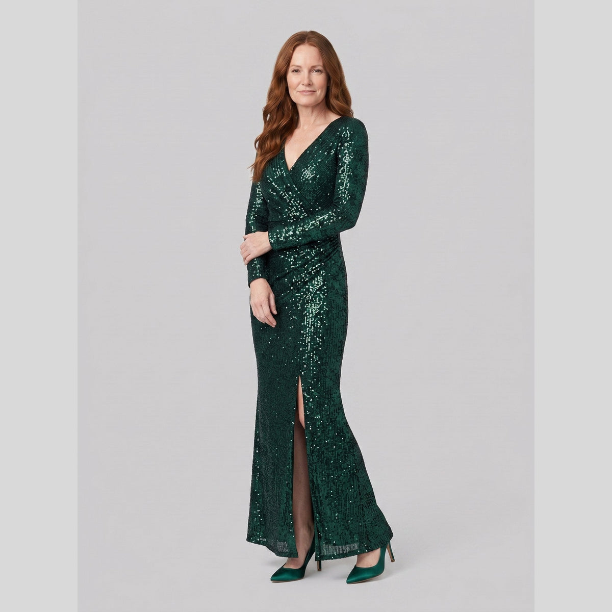 Women's Burgundy Sequin Long-Sleeve Christmas Party Gown