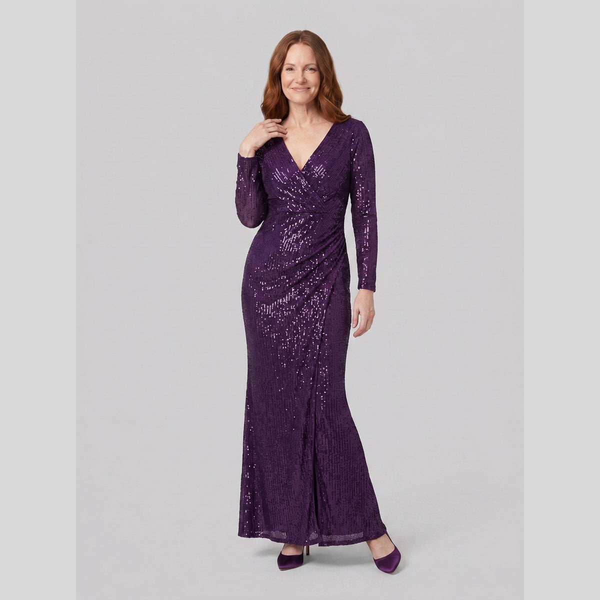 Women's Burgundy Sequin Long-Sleeve Christmas Party Gown