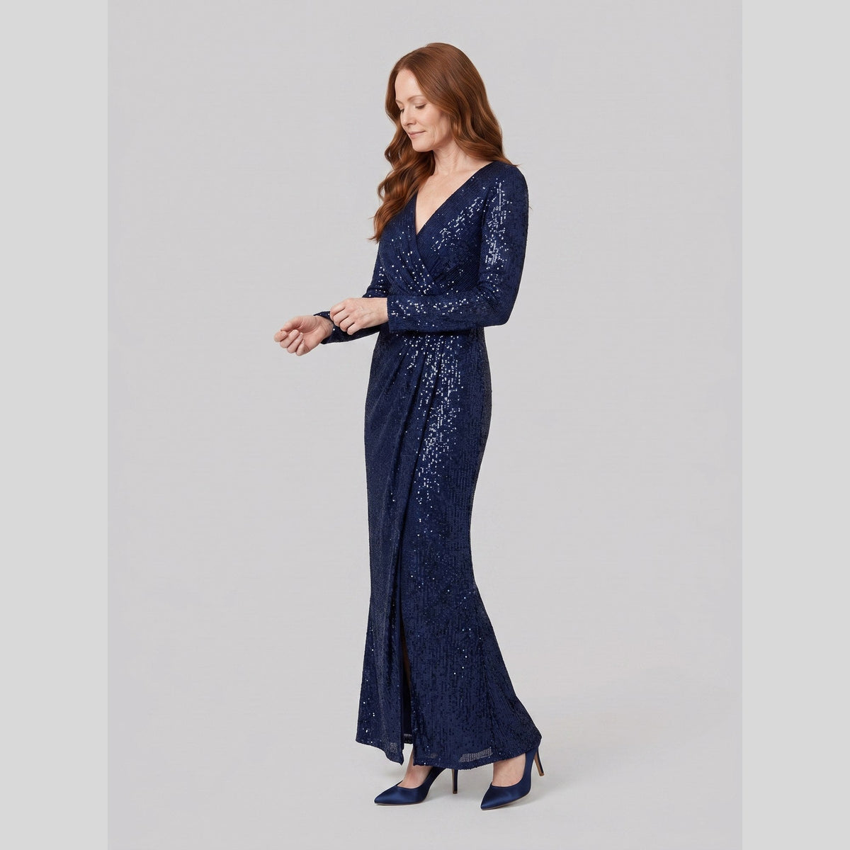 Women's Burgundy Sequin Long-Sleeve Christmas Party Gown