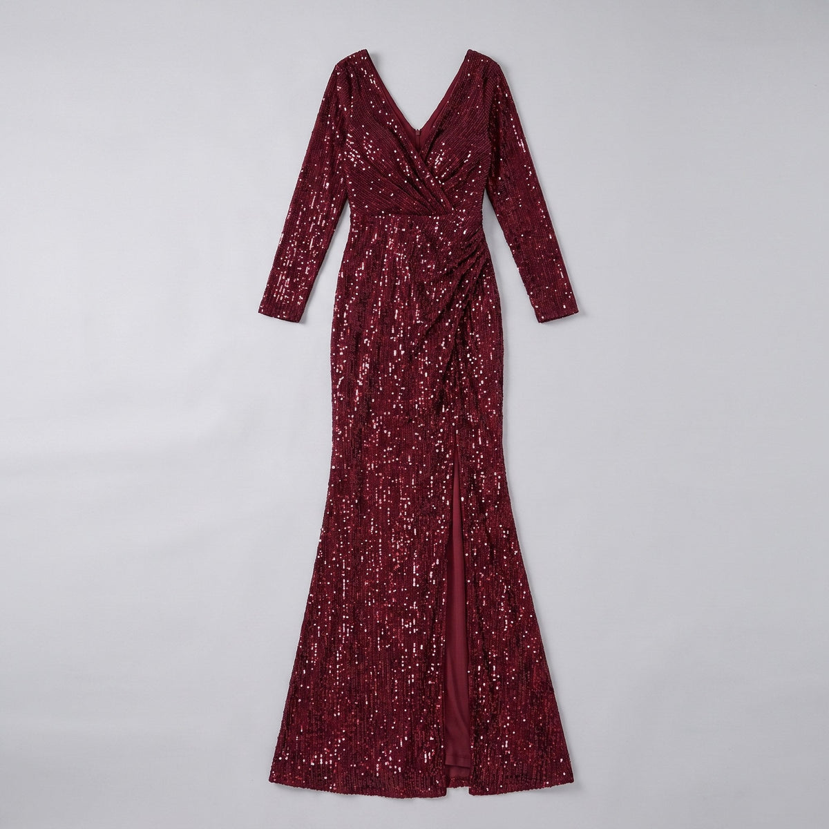 Women's Burgundy Sequin Long-Sleeve Christmas Party Gown