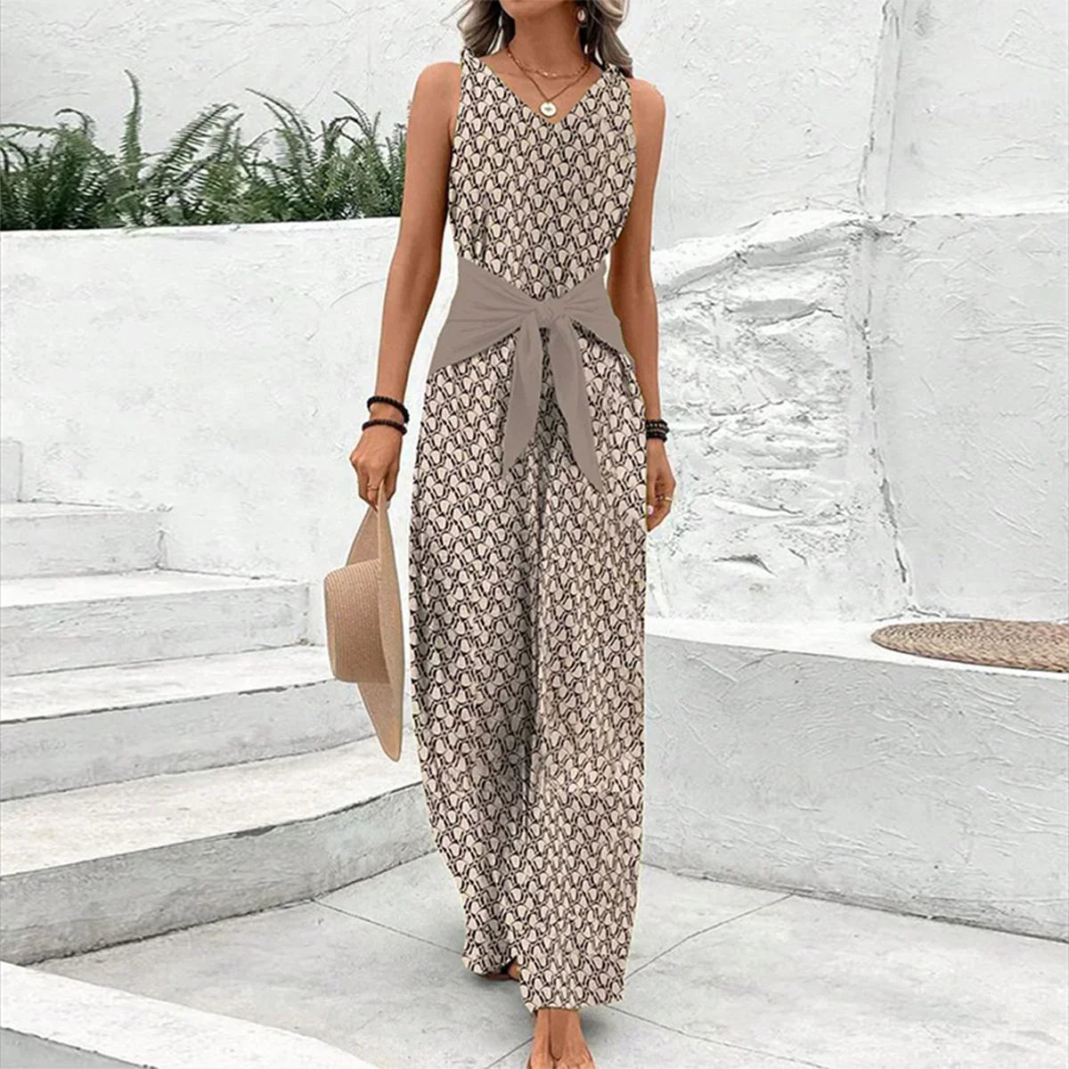 Virelle | Women's V-Neck Tie Waist Wide Leg Jumpsuit