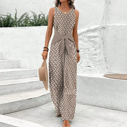 Virelle | Women's V-Neck Tie Waist Wide Leg Jumpsuit