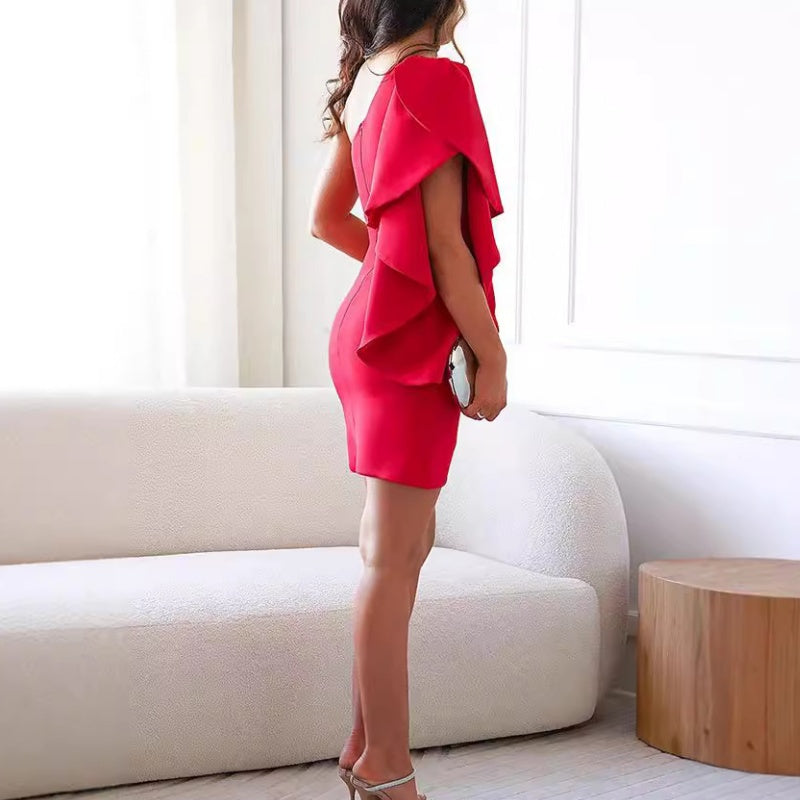 Leontine | One-Shoulder Ruffle Bodycon Mini Christmas Party Dress