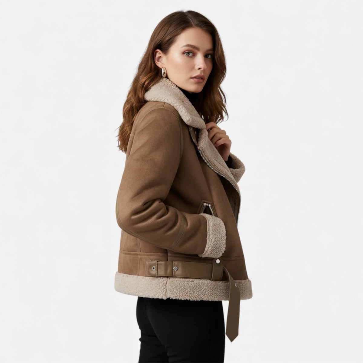 Women's Suede Faux-Shearling Belted Aviator Jacket | Winter