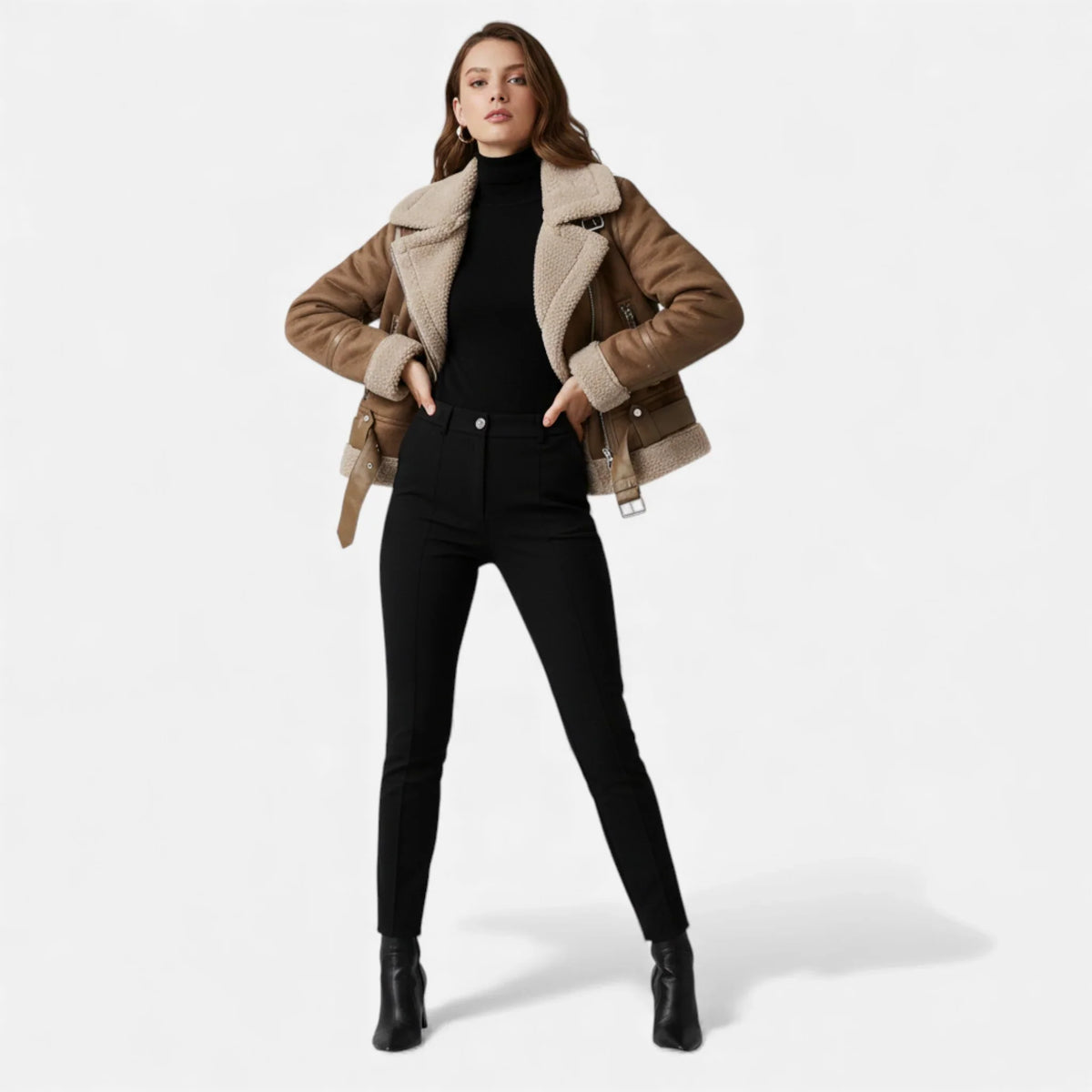 Women's Suede Faux-Shearling Belted Aviator Jacket | Winter