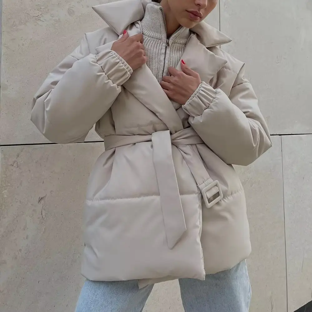 Women's Belted Winter Puffer Jacket with Cinched Waist