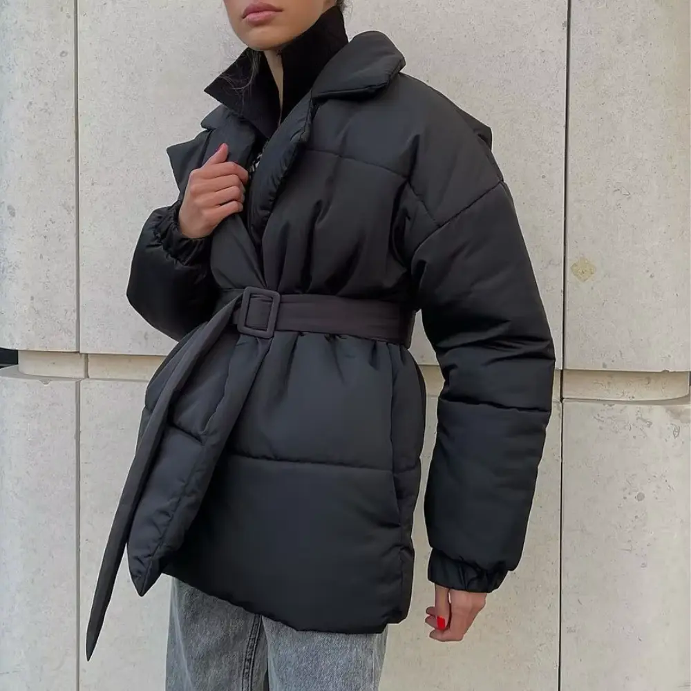 Women's Belted Winter Puffer Jacket with Cinched Waist