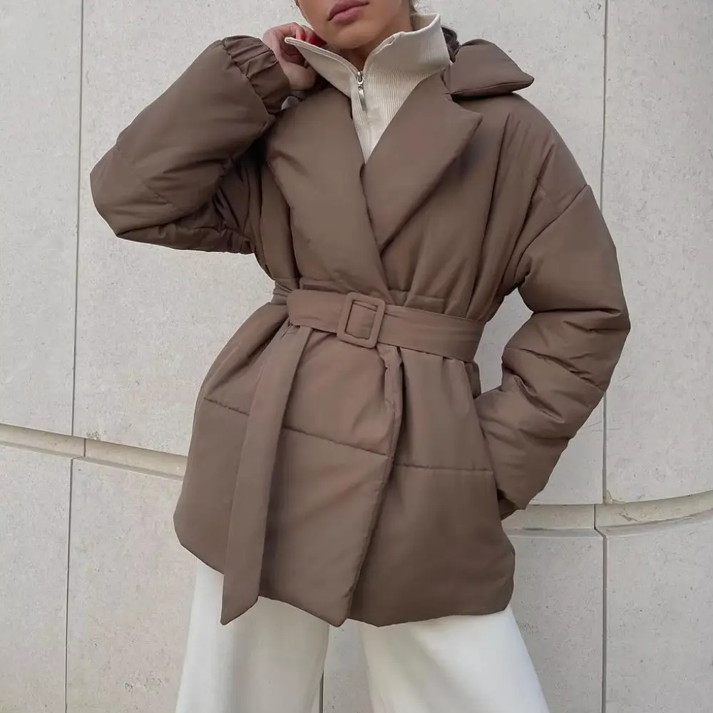 Women's Belted Winter Puffer Jacket with Cinched Waist