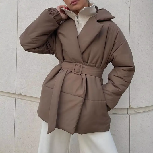 Women's Belted Winter Puffer Jacket with Cinched Waist
