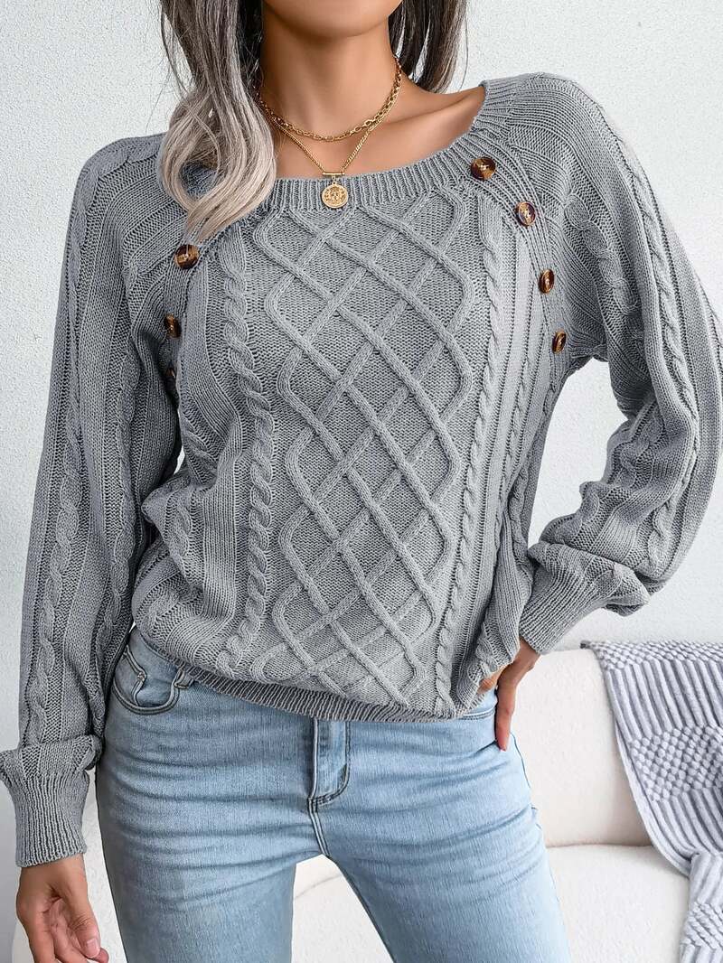 Aveline | Women's Square Neck Button Detail Cable Knit Jumper
