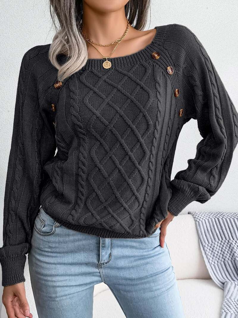 Aveline | Women's Square Neck Button Detail Cable Knit Jumper