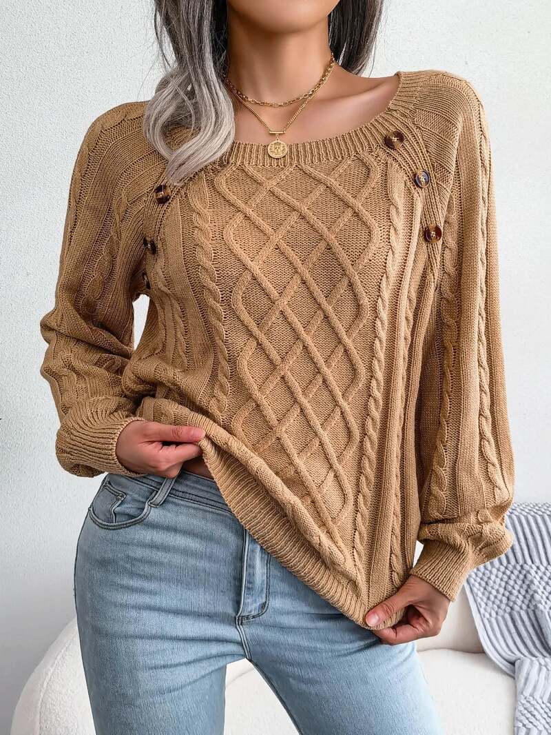 Aveline | Women's Square Neck Button Detail Cable Knit Jumper