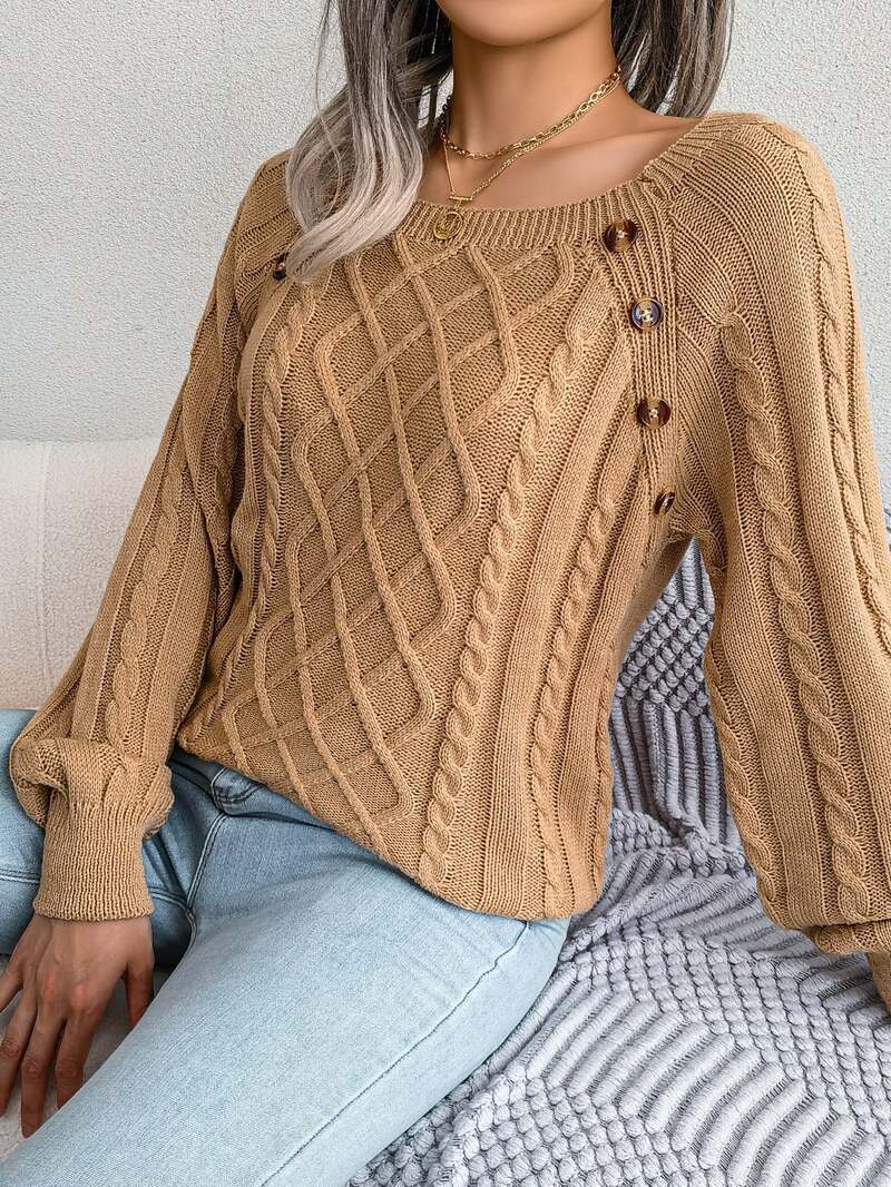 Aveline | Women's Square Neck Button Detail Cable Knit Jumper