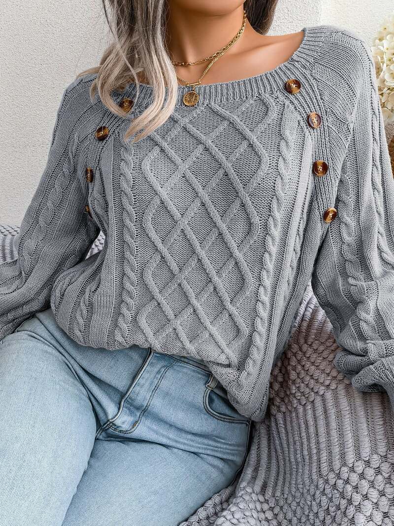 Aveline | Women's Square Neck Button Detail Cable Knit Jumper
