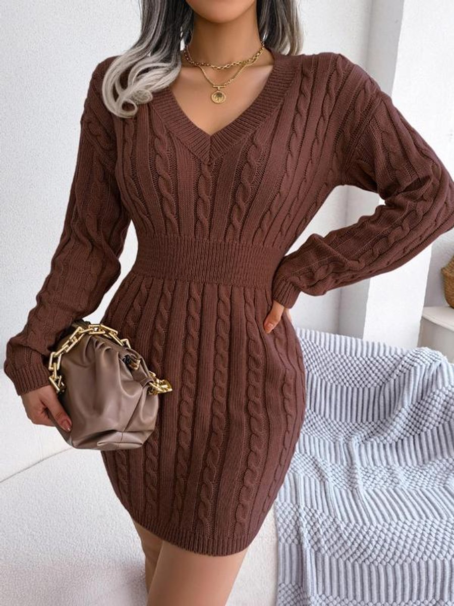 Bryony | Women's Cable-Knit V-Neck Jumper Dress