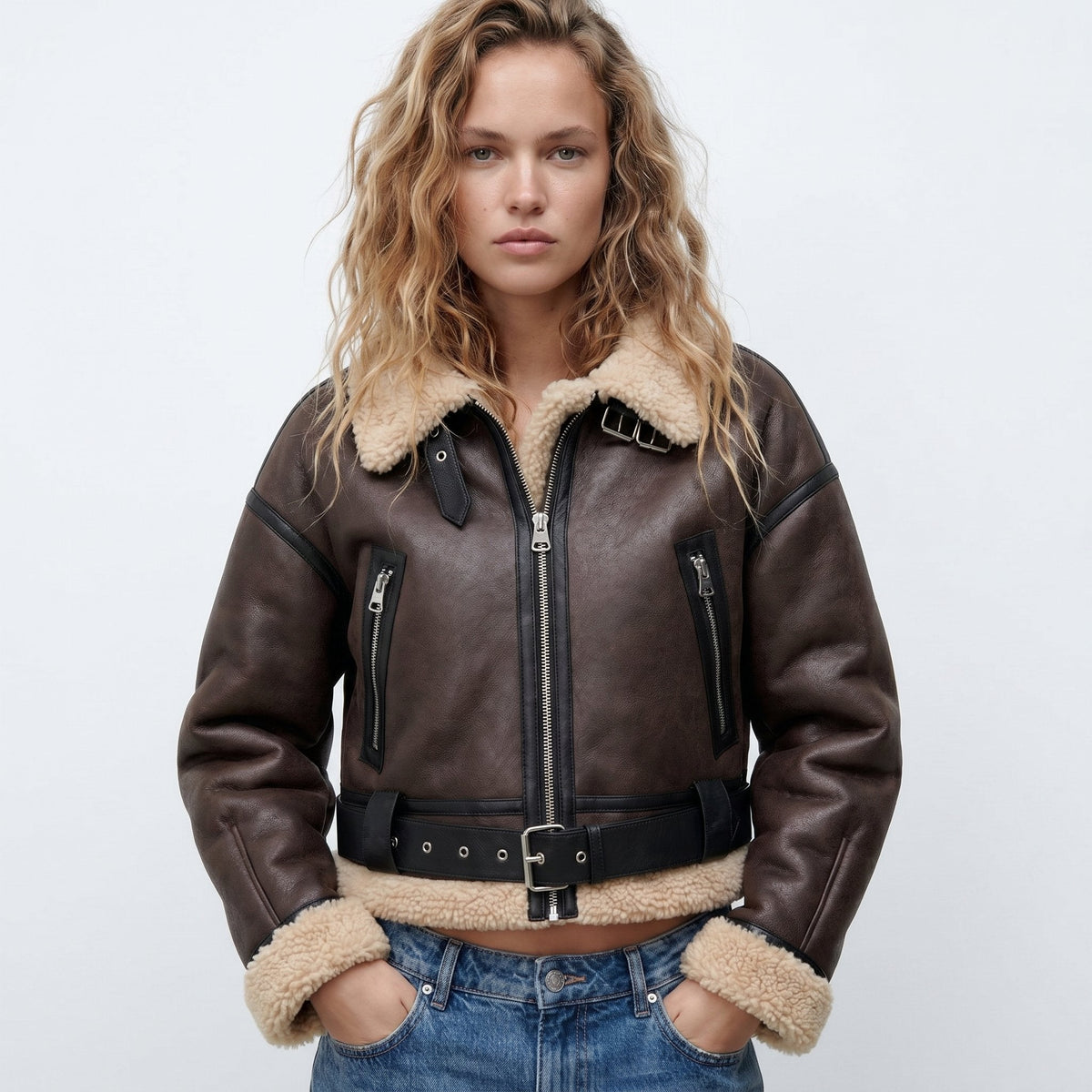 Women's Brown Leather Faux-Shearling Aviator Jacket