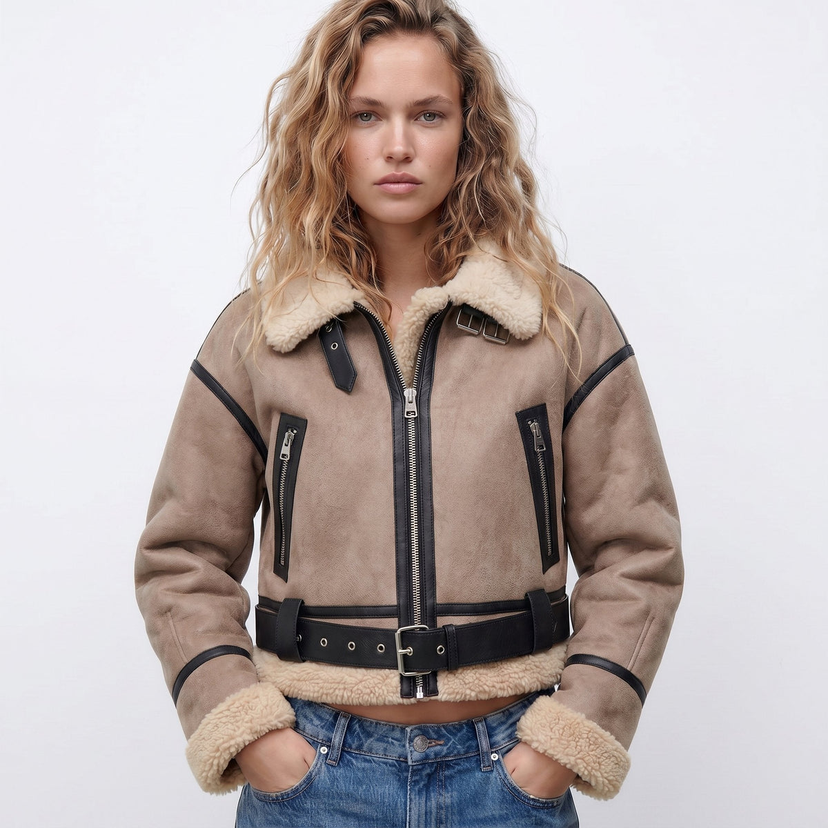 Women's Brown Leather Faux-Shearling Aviator Jacket