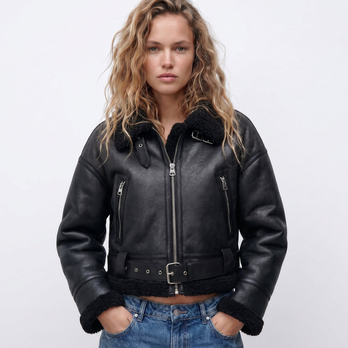 Women's Brown Leather Faux-Shearling Aviator Jacket