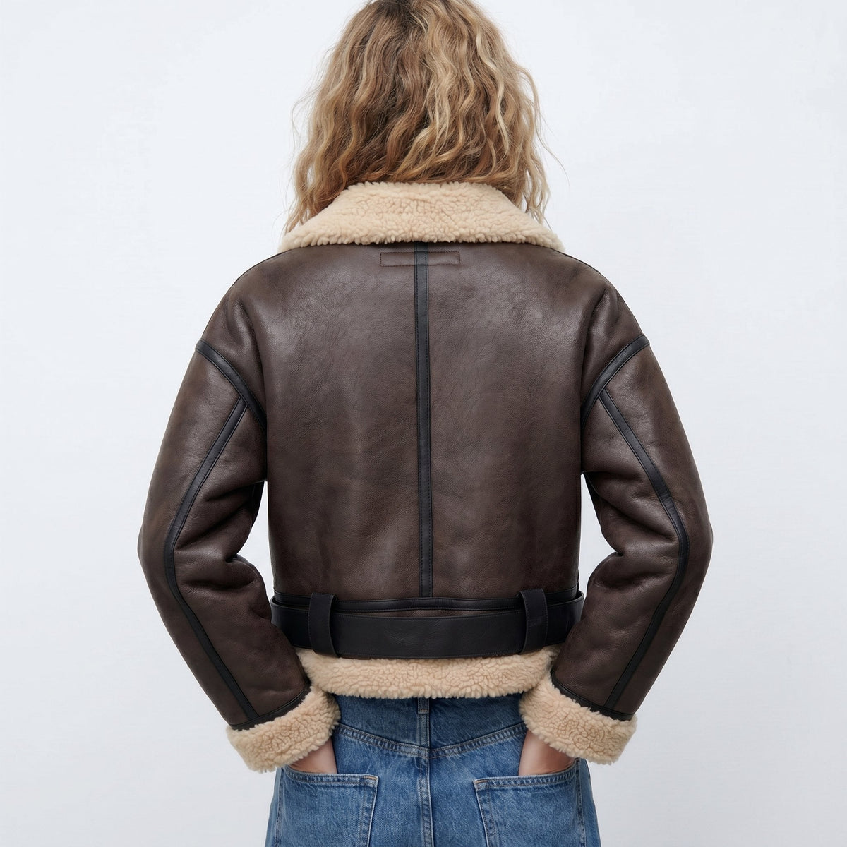 Women's Brown Leather Faux-Shearling Aviator Jacket