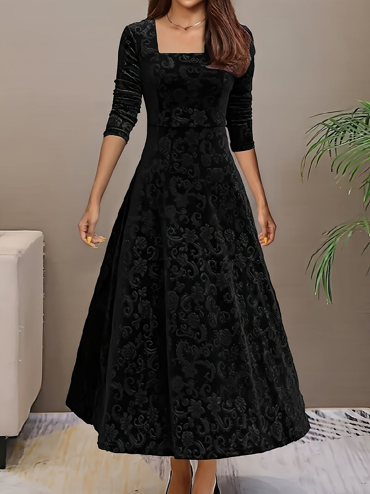 Verona | Women's Embossed Velvet Square-Neck Midi Dress with Three-Quarter Sleeves