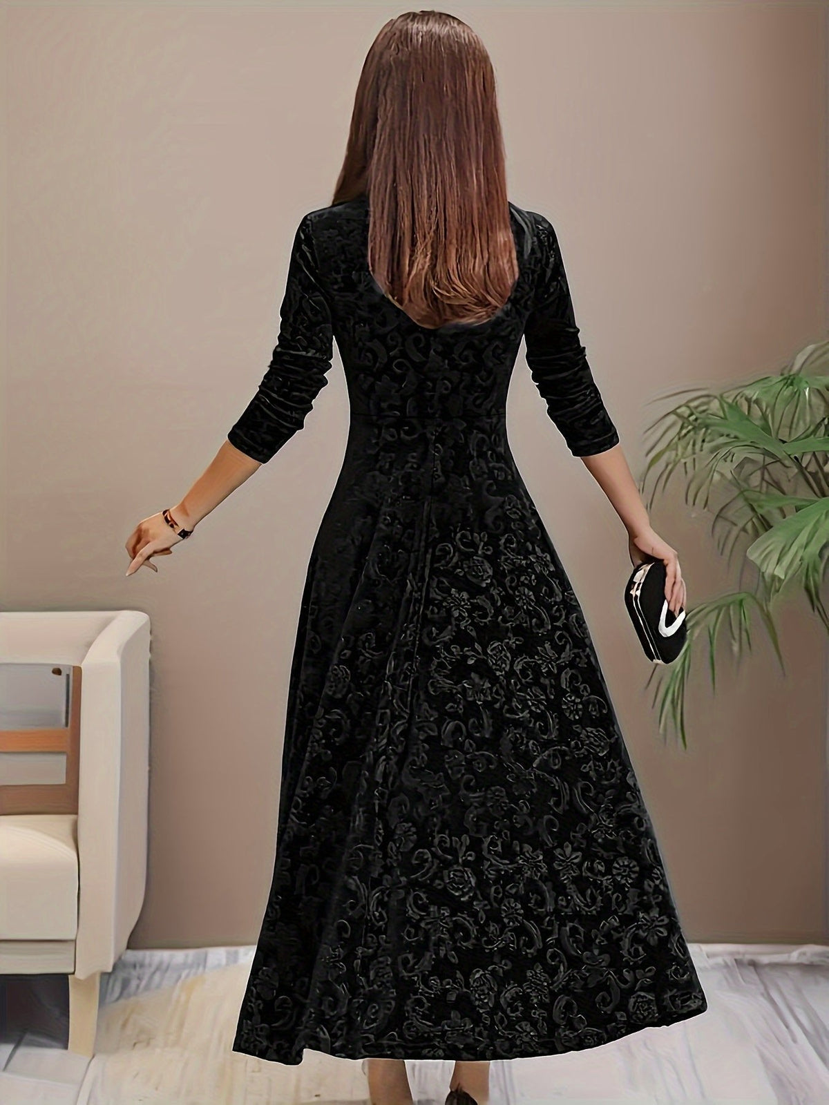 Verona | Women's Embossed Velvet Square-Neck Midi Dress with Three-Quarter Sleeves