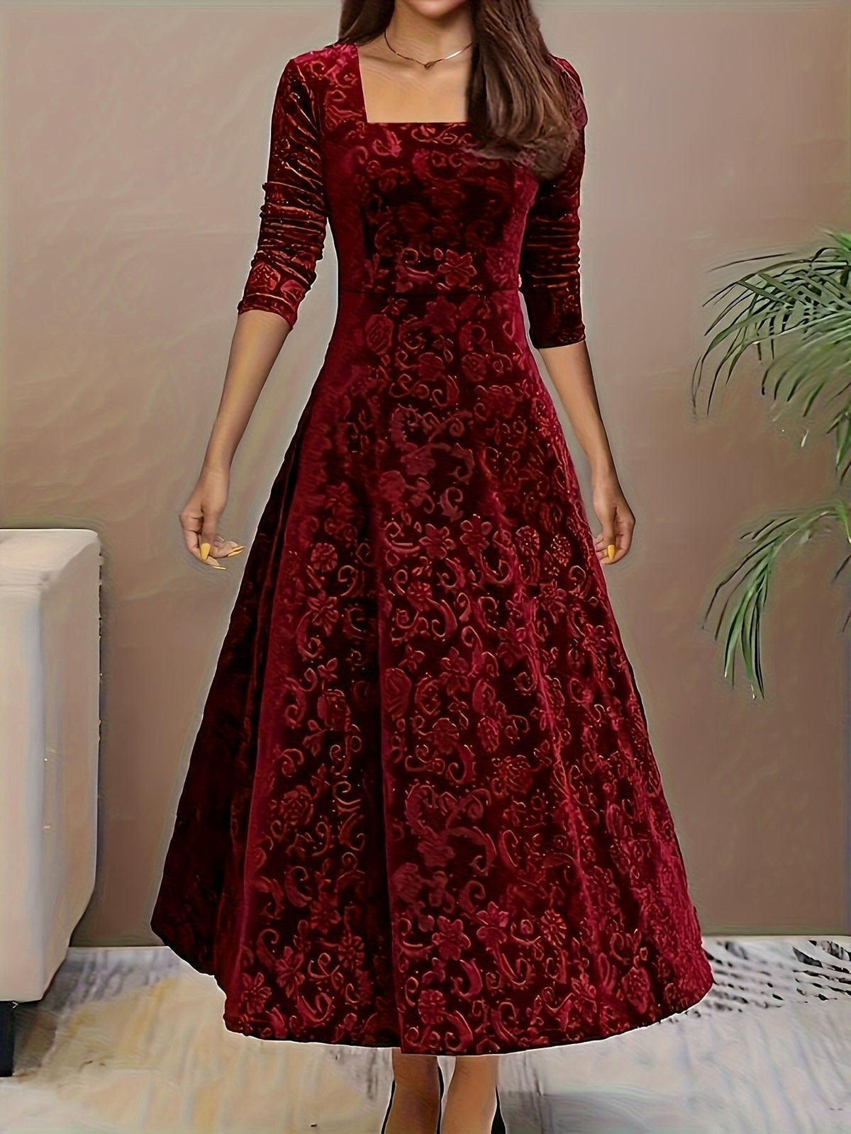 Verona | Women's Embossed Velvet Square-Neck Midi Dress with Three-Quarter Sleeves