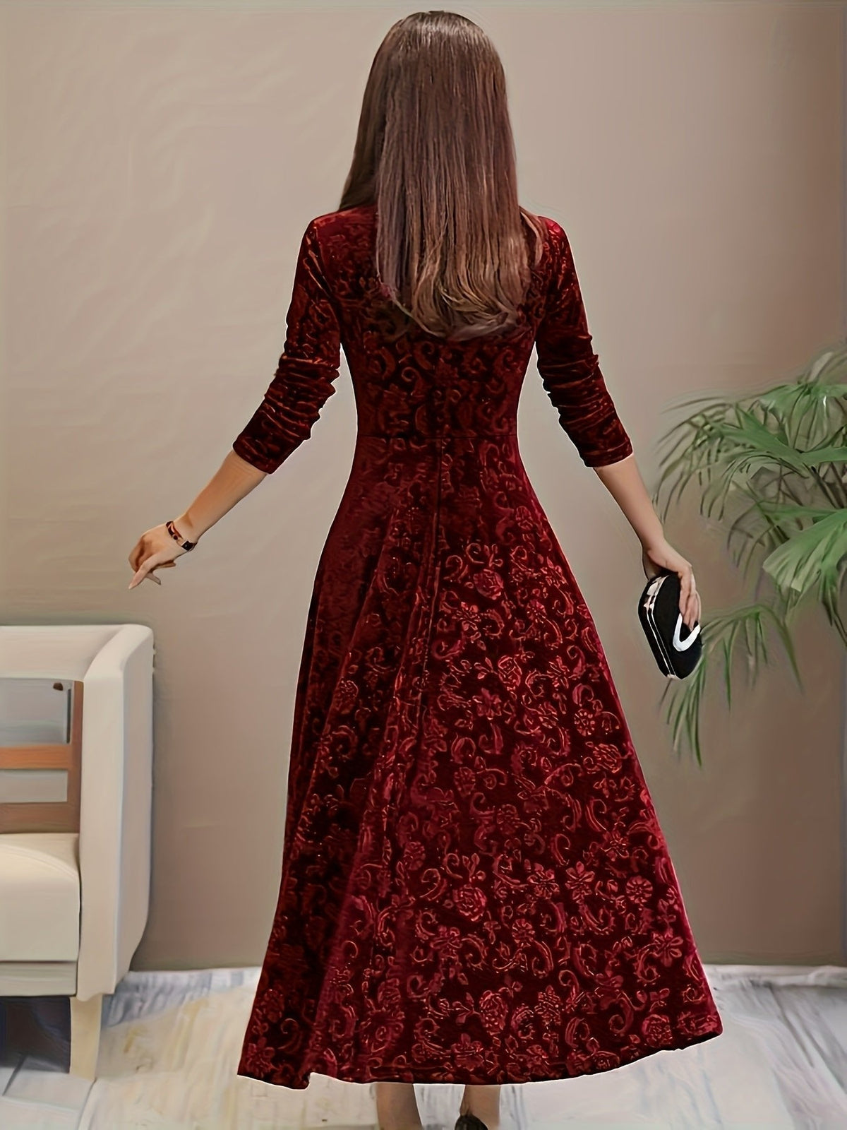 Verona | Women's Embossed Velvet Square-Neck Midi Dress with Three-Quarter Sleeves