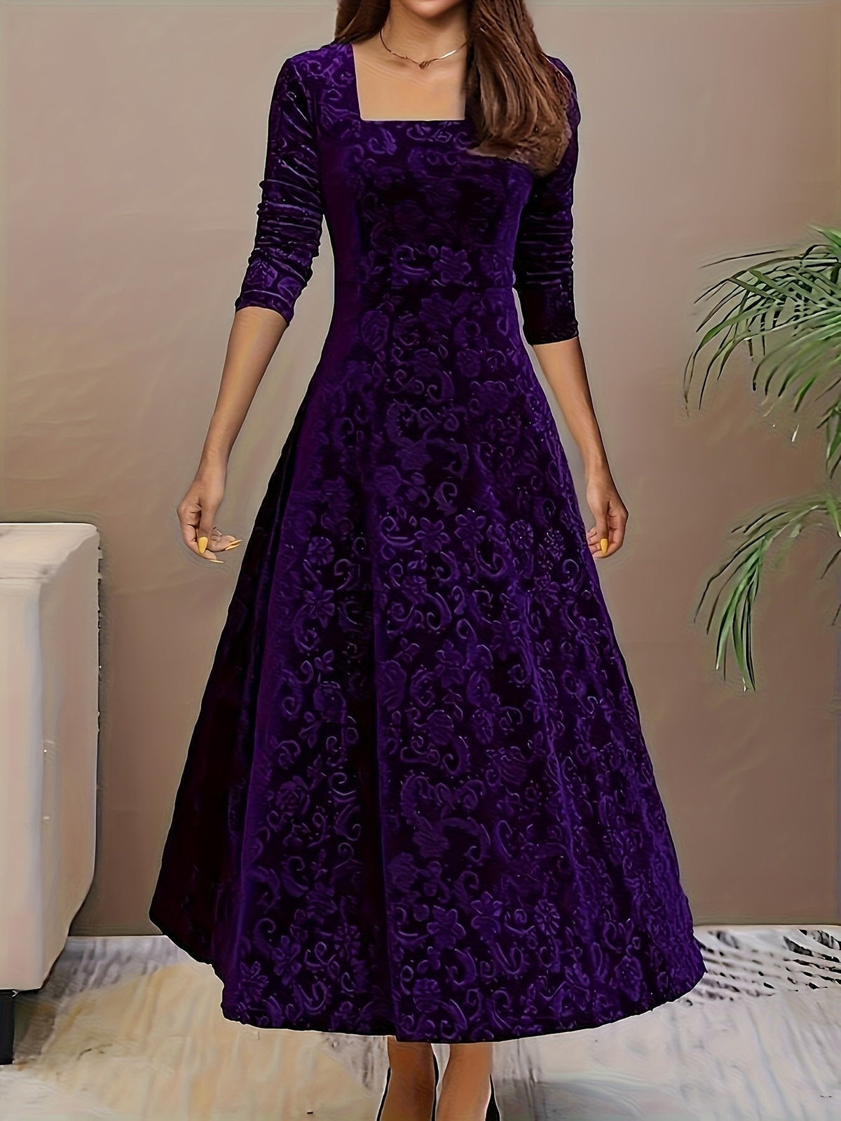 Verona | Women's Embossed Velvet Square-Neck Midi Dress with Three-Quarter Sleeves