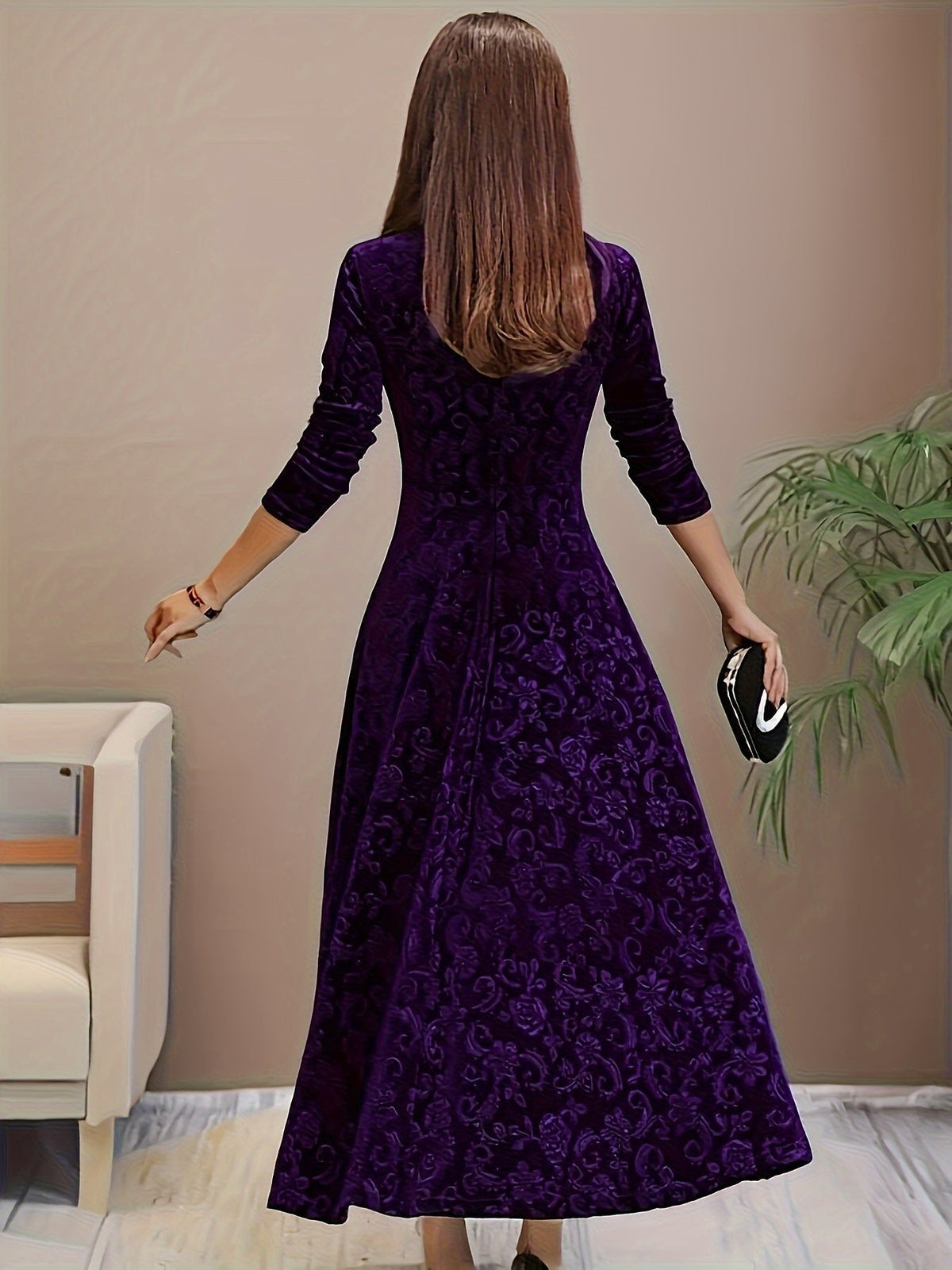 Verona | Women's Embossed Velvet Square-Neck Midi Dress with Three-Quarter Sleeves