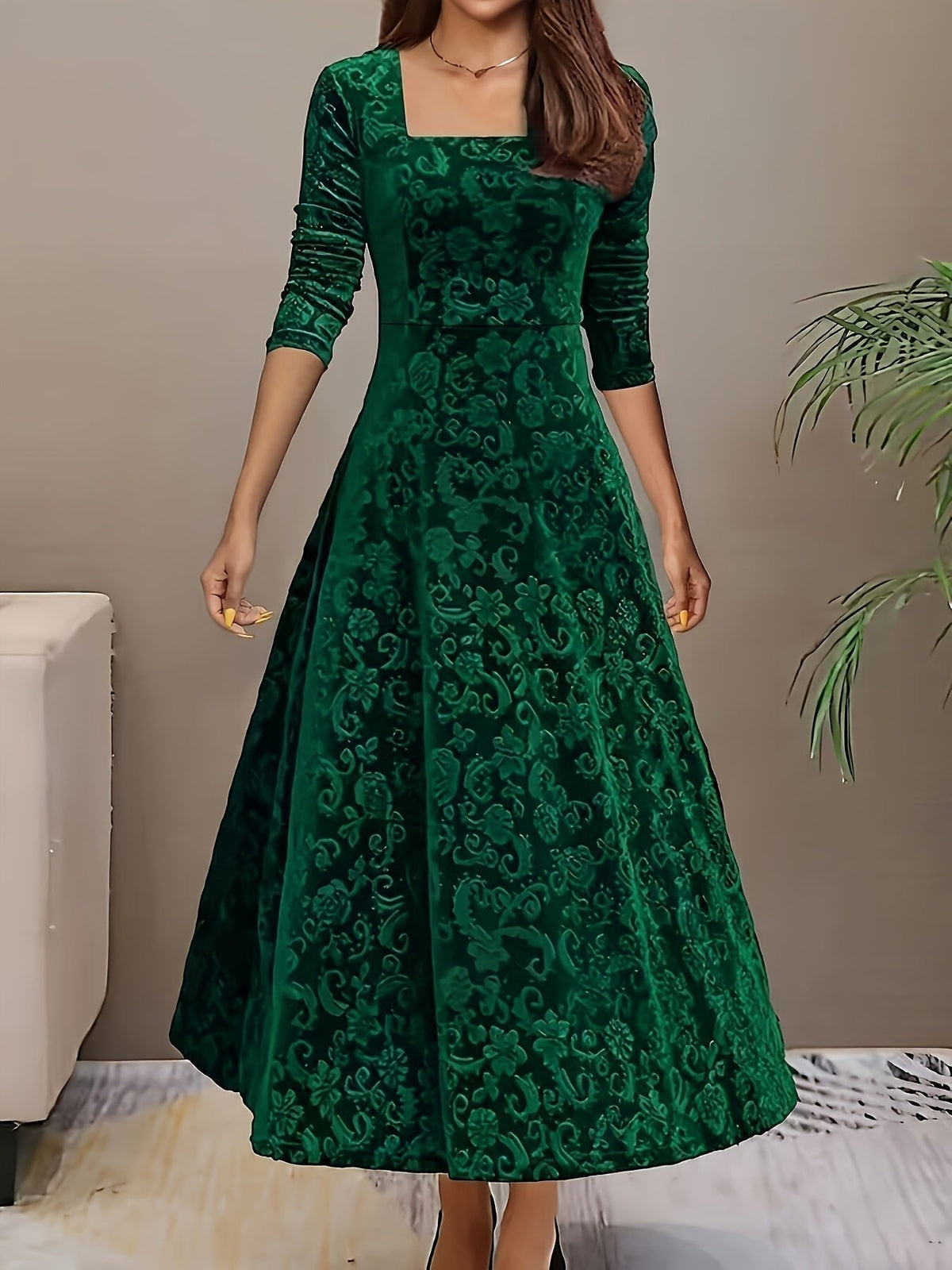 Verona | Women's Embossed Velvet Square-Neck Midi Dress with Three-Quarter Sleeves