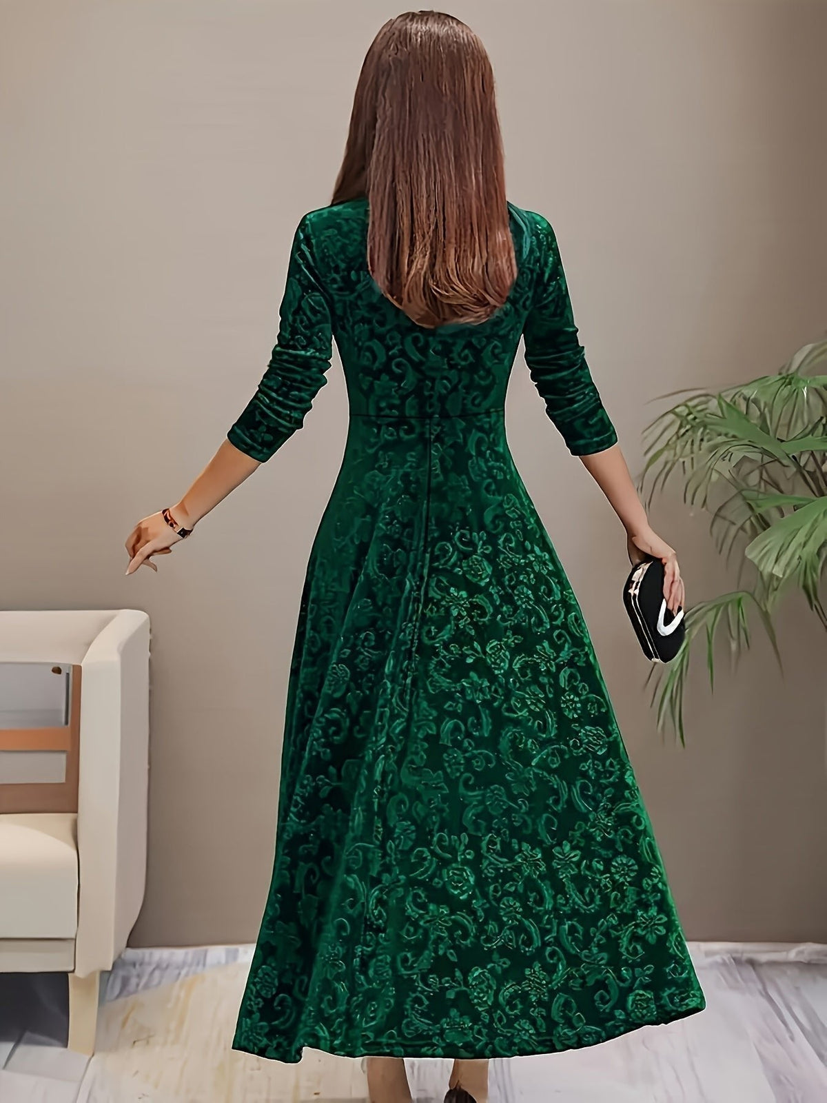 Verona | Women's Embossed Velvet Square-Neck Midi Dress with Three-Quarter Sleeves