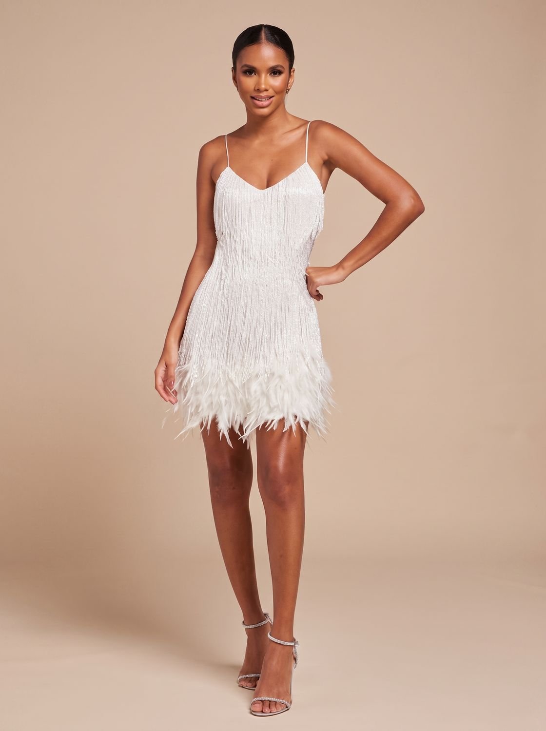 Bettina | Fringe Christmas Party Mini Dress with Feather Trim