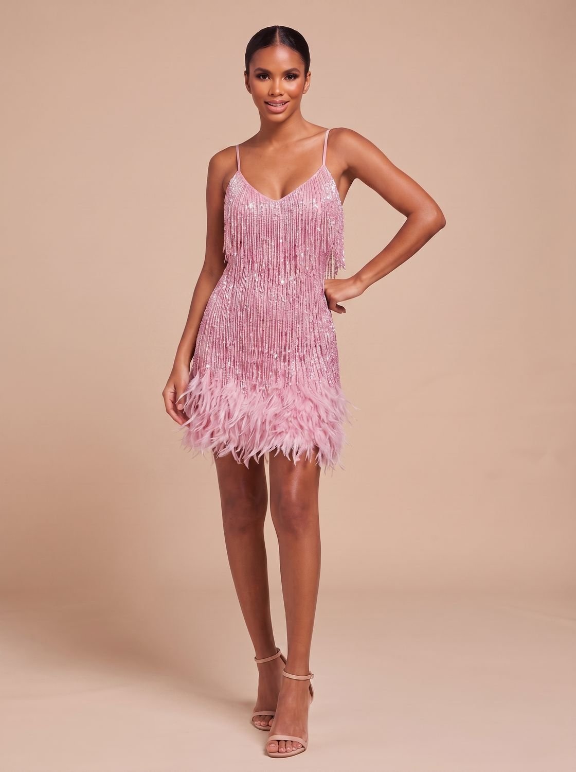 Bettina | Fringe Christmas Party Mini Dress with Feather Trim