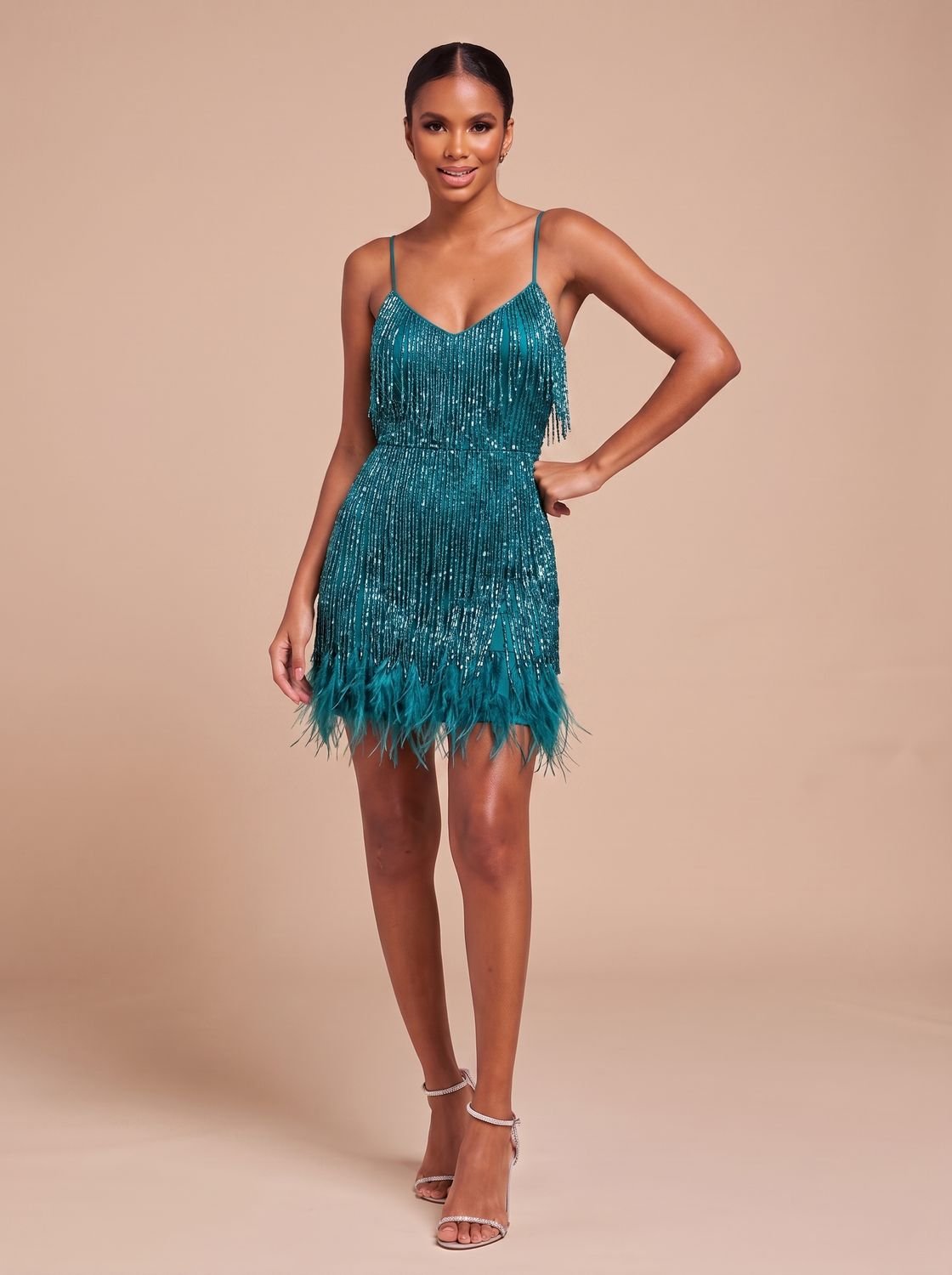 Bettina | Fringe Christmas Party Mini Dress with Feather Trim