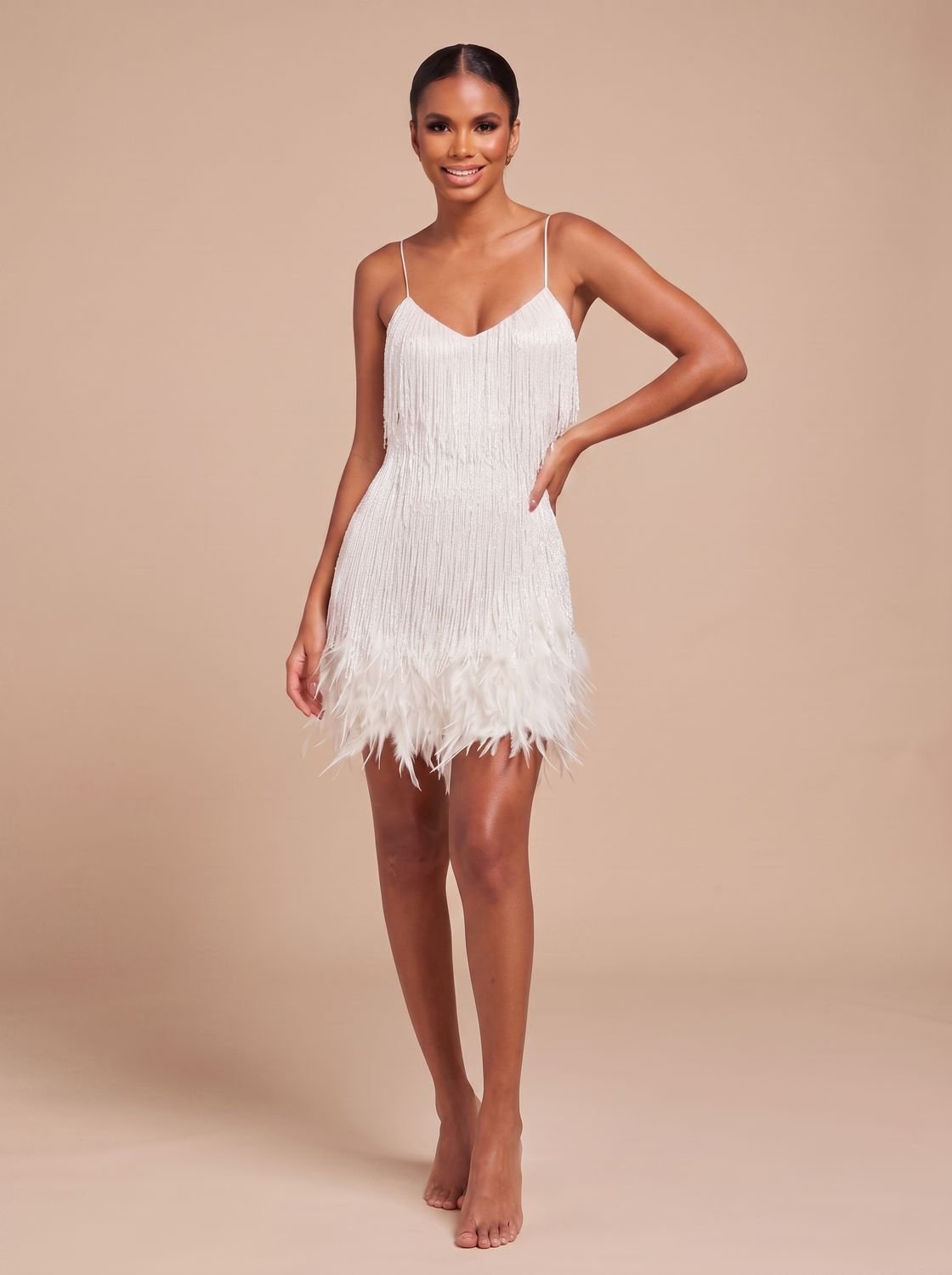 Bettina | Fringe Christmas Party Mini Dress with Feather Trim