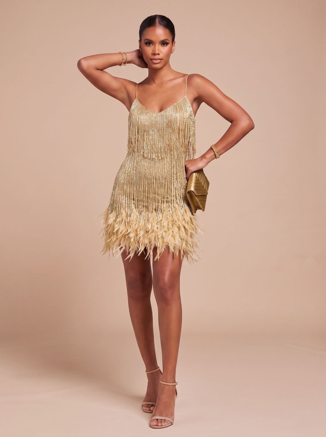 Bettina | Fringe Christmas Party Mini Dress with Feather Trim