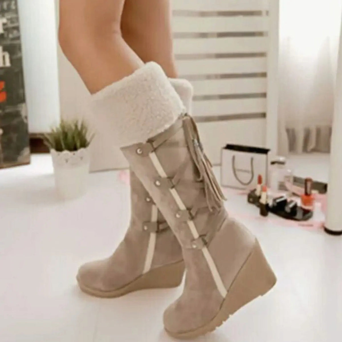 Elara | Women's Faux-Fur Wedge Knee-High Boots