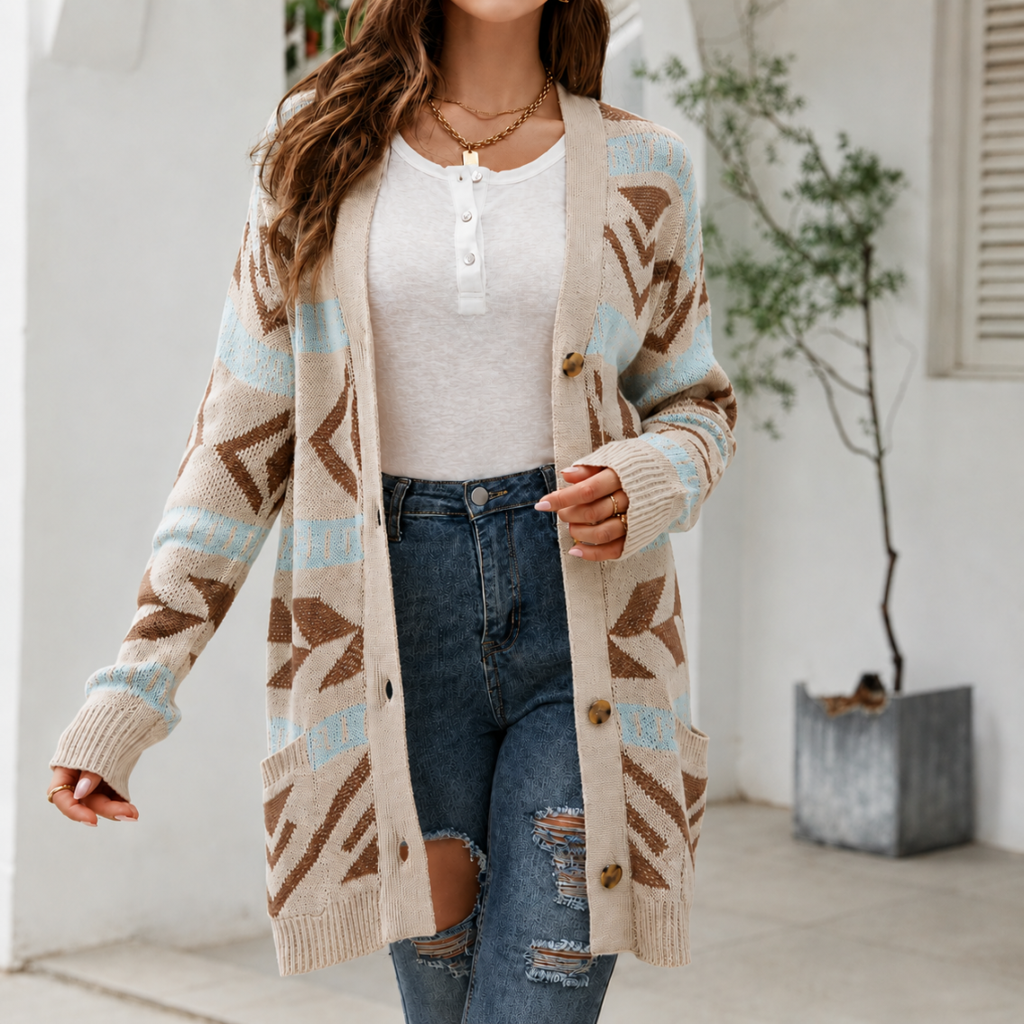 Marcelline | Women's Longline Patterned Knit Cardigan