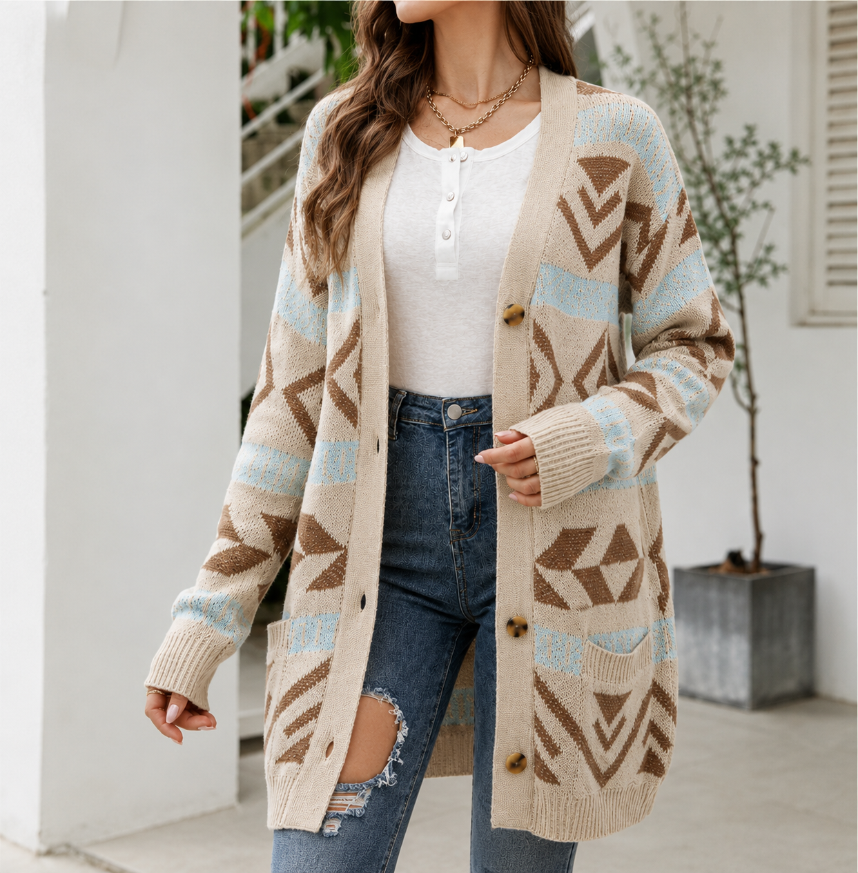 Marcelline | Women's Longline Patterned Knit Cardigan