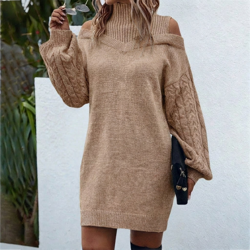Women's Ribbed Knit Roll-Neck Midi Dress