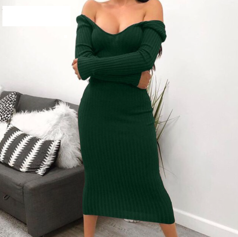 Women's Off-Shoulder Ribbed Knit Party Midi Dress