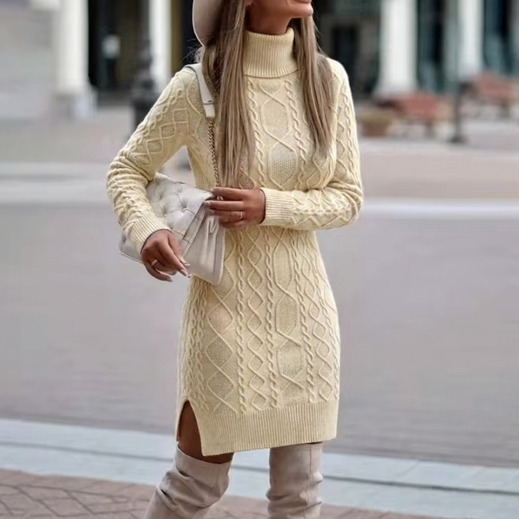 Women's Cable Knit Turtleneck Long Sleeve Midi Dress