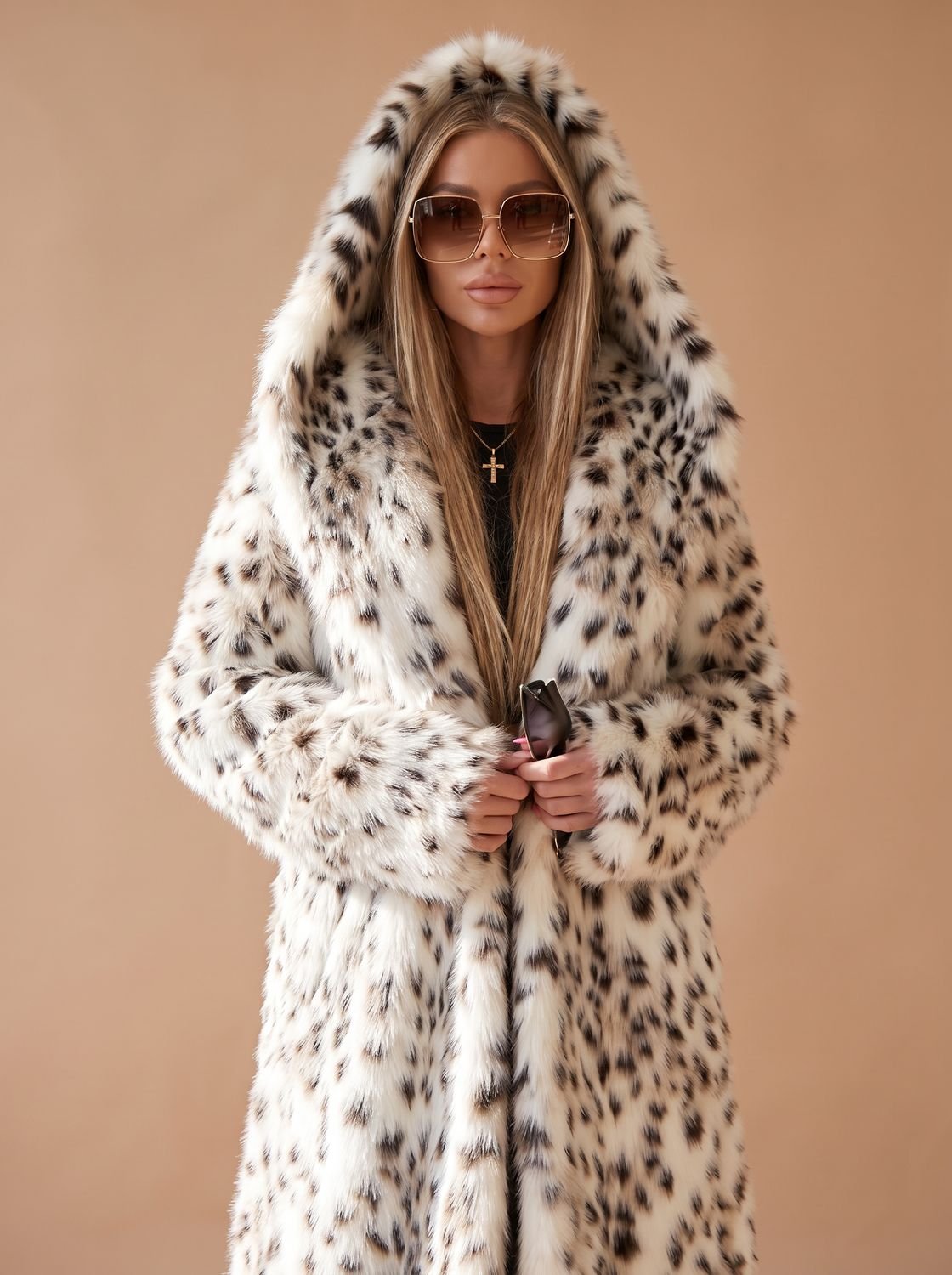 Rosie | Long Faux Fur Leopard Print Belted Overcoat