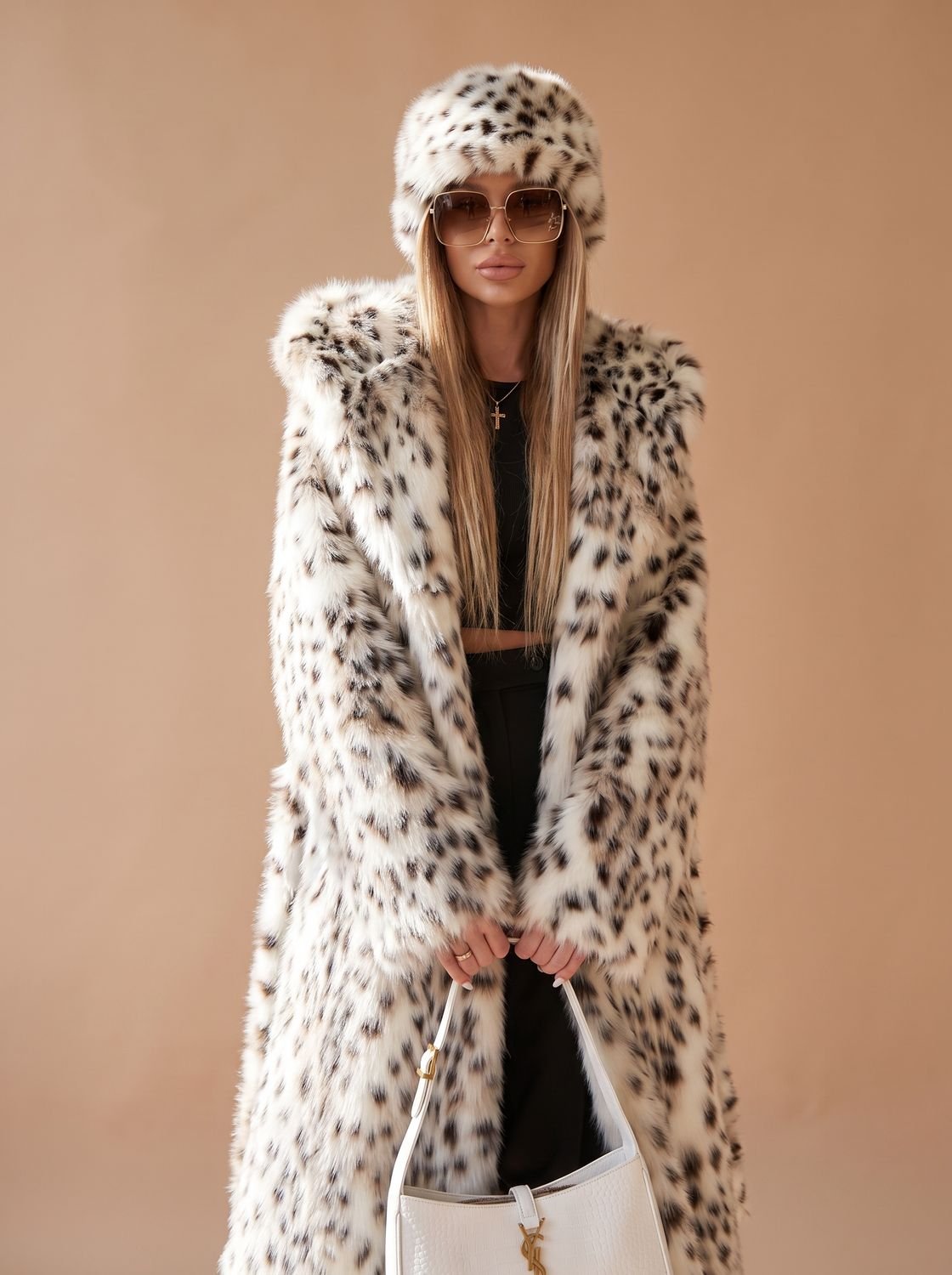 Rosie | Long Faux Fur Leopard Print Belted Overcoat