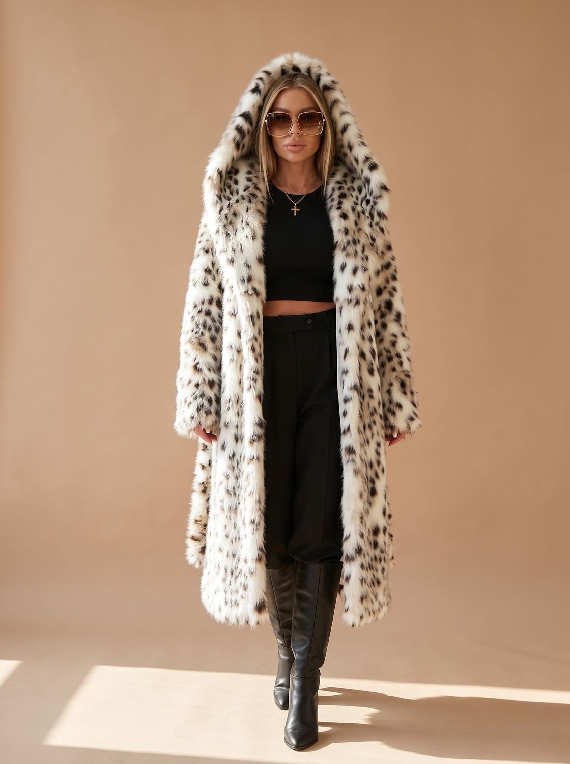 Rosie | Long Faux Fur Leopard Print Belted Overcoat