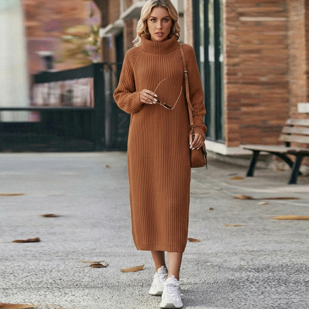 Women's Oversized Roll-Neck Ribbed Knit Midi Dress | Winter