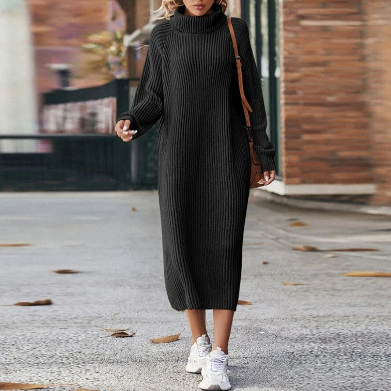 Women's Oversized Roll-Neck Ribbed Knit Midi Dress | Winter