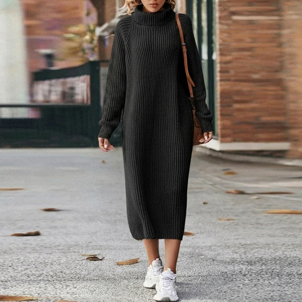 Women's Oversized Roll-Neck Ribbed Knit Midi Dress | Winter