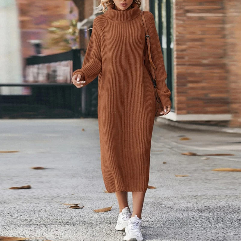 Women's Oversized Roll-Neck Ribbed Knit Midi Dress | Winter