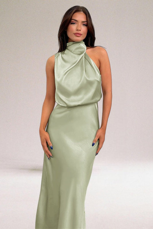 Aveline | Women's Satin Gathered Halter-Neck Maxi Dress